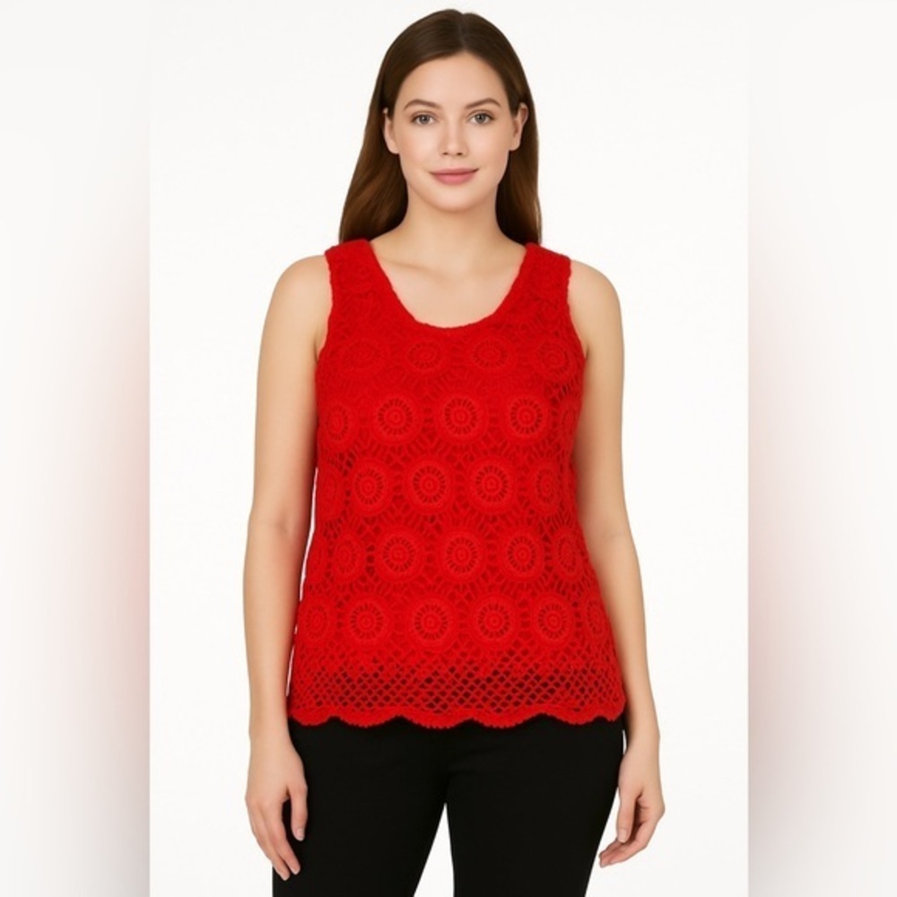 Red Circle Crochet Lined Tank Top Sweater Knit |Cottagecore EUC L #1524